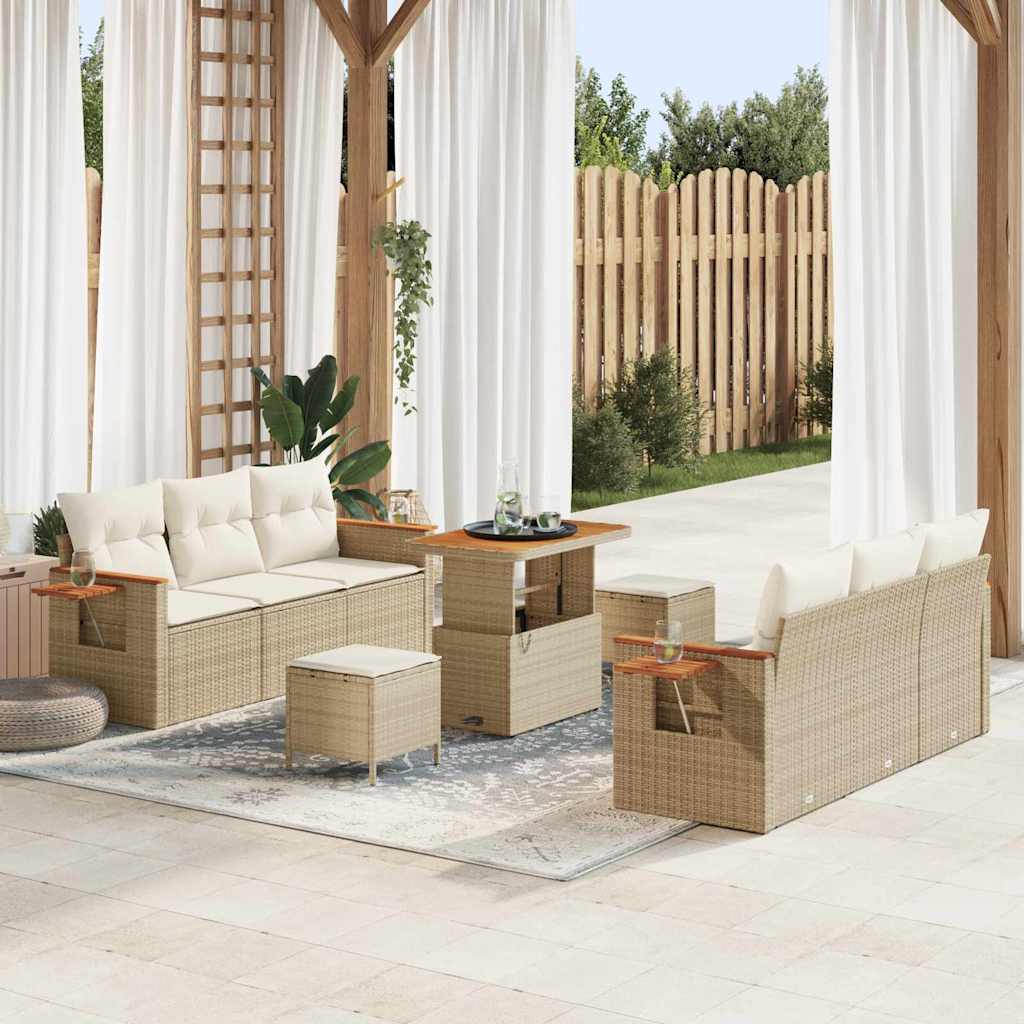 Garten-Sofa-Set mit Kissen mit Speicher 9 pcs Beige Poly Rattan