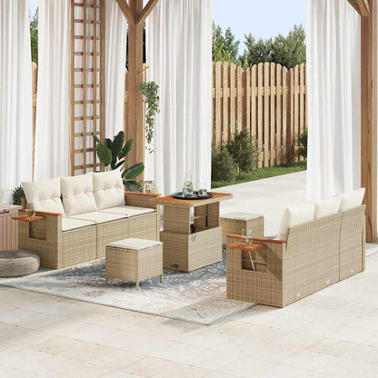 Garten-Sofa-Set mit Kissen mit Speicher 9 pcs Beige Poly Rattan