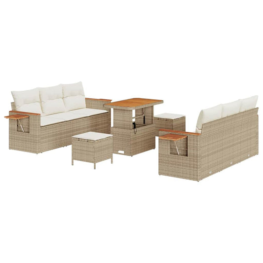 Garten-Sofa-Set mit Kissen mit Speicher 9 pcs Beige Poly Rattan