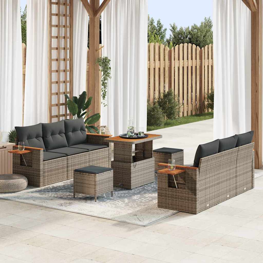 Garten-Sofa-Set mit Kissen mit Speicher 9 pcs Grau Poly Rattan