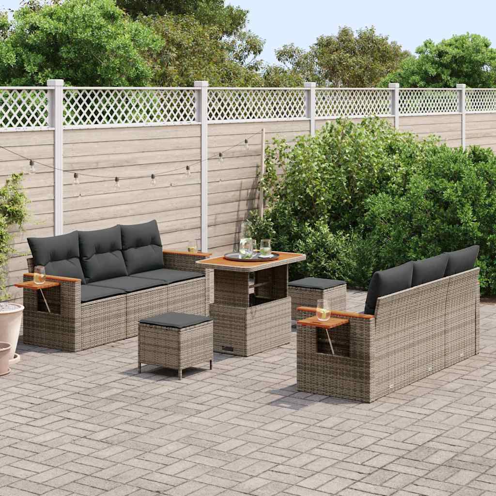 Garten-Sofa-Set mit Kissen mit Speicher 9 pcs Grau Poly Rattan