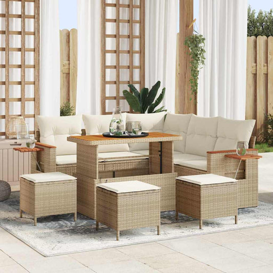 Garten-Sofa-Set mit Kissen mit Speicher 9 pcs Beige Poly Rattan