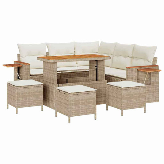 Garten-Sofa-Set mit Kissen mit Speicher 9 pcs Beige Poly Rattan
