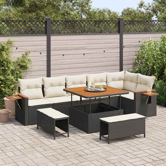 Garten-Sofa-Set mit Kissen 9 pcs Schwarz Poly Rattan