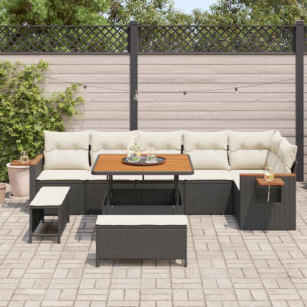 Garten-Sofa-Set mit Kissen 9 pcs Schwarz Poly Rattan