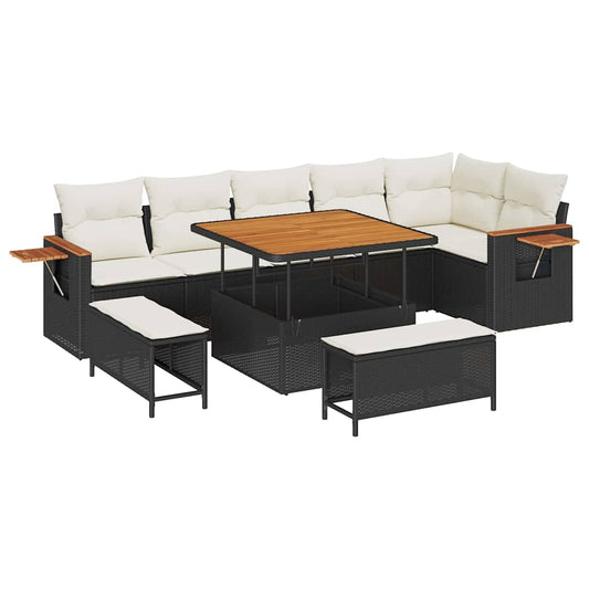 Garten-Sofa-Set mit Kissen 9 pcs Schwarz Poly Rattan