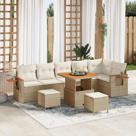 Garten-Sofa-Set mit Kissen mit Speicher 9 pcs Beige Poly Rattan