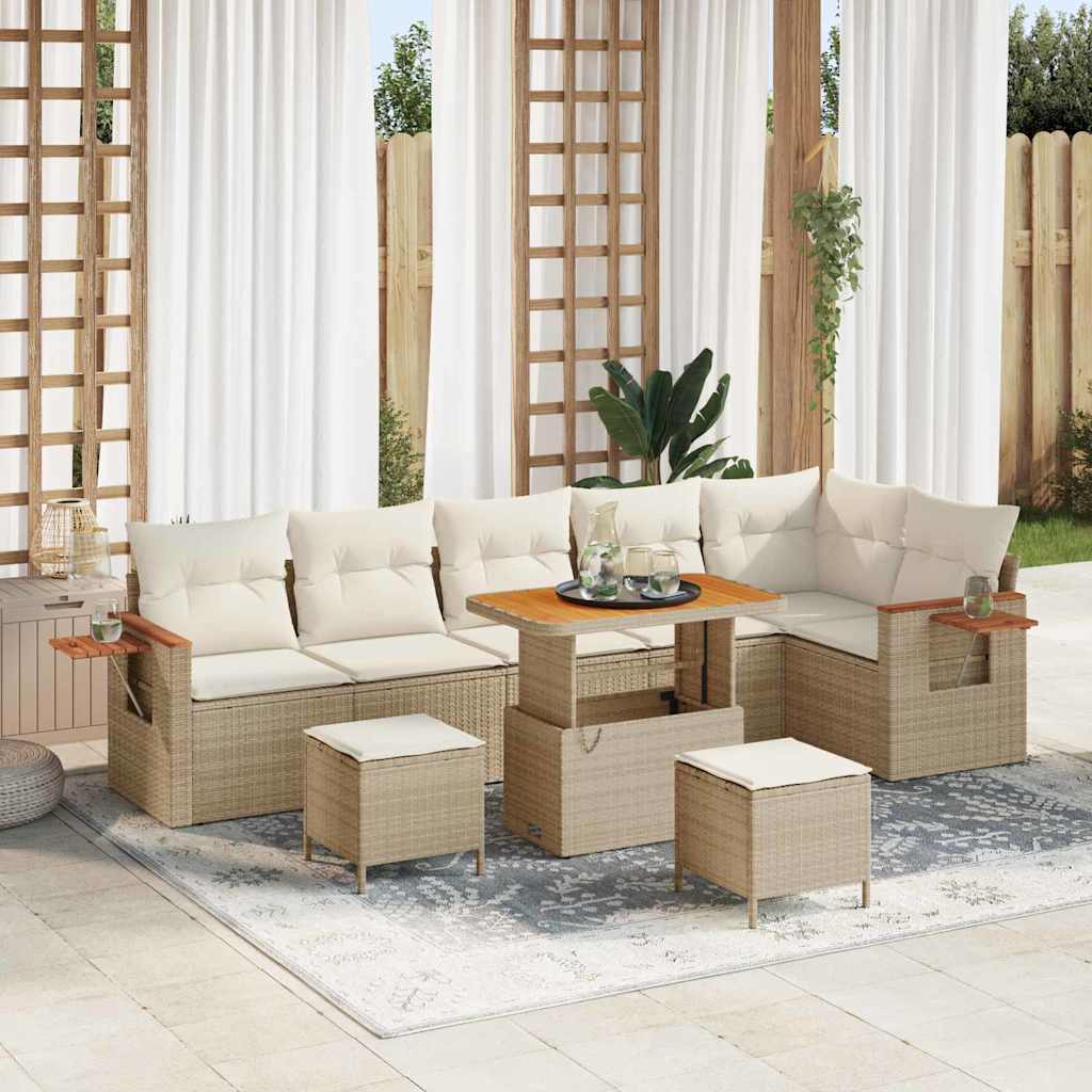 Garten-Sofa-Set mit Kissen mit Speicher 9 pcs Beige Poly Rattan