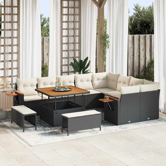 Garten-Sofa-Set mit Kissen 12 pcs Schwarz Poly Rattan