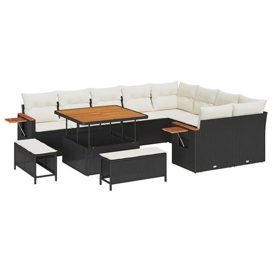 Garten-Sofa-Set mit Kissen 12 pcs Schwarz Poly Rattan