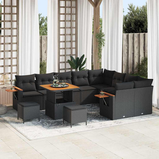 Garten-Sofa-Set mit Kissen 12 pcs Schwarz Poly Rattan