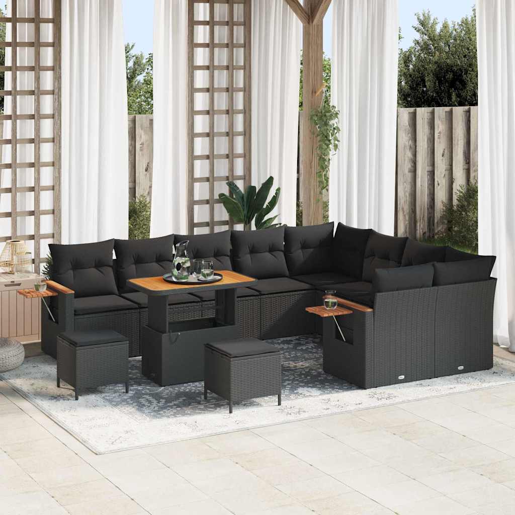 Garten-Sofa-Set mit Kissen 12 pcs Schwarz Poly Rattan