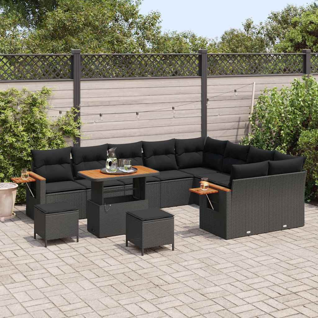 Garten-Sofa-Set mit Kissen 12 pcs Schwarz Poly Rattan