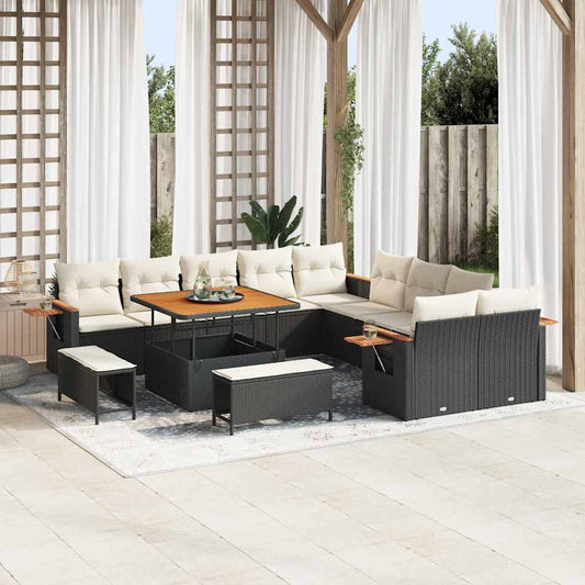 Garten-Sofa-Set mit Kissen 13 pcs Schwarz Poly Rattan