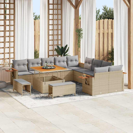 Garten-Sofa-Set mit Kissen 13 pcs Beige Poly Rattan