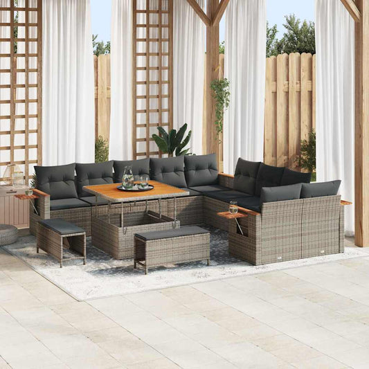 Garten-Sofa-Set mit Kissen mit Speicher 13 pcs Grau Poly Rattan