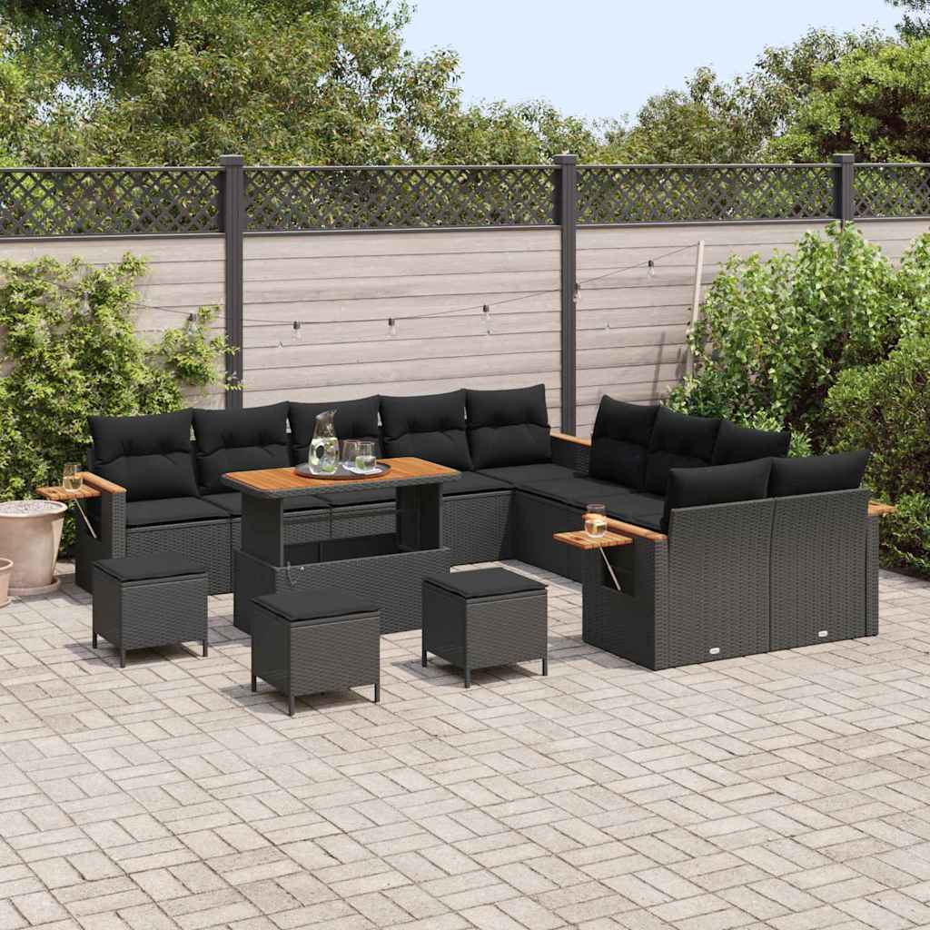Garten-Sofa-Set mit Kissen 14 pcs Schwarz Poly Rattan