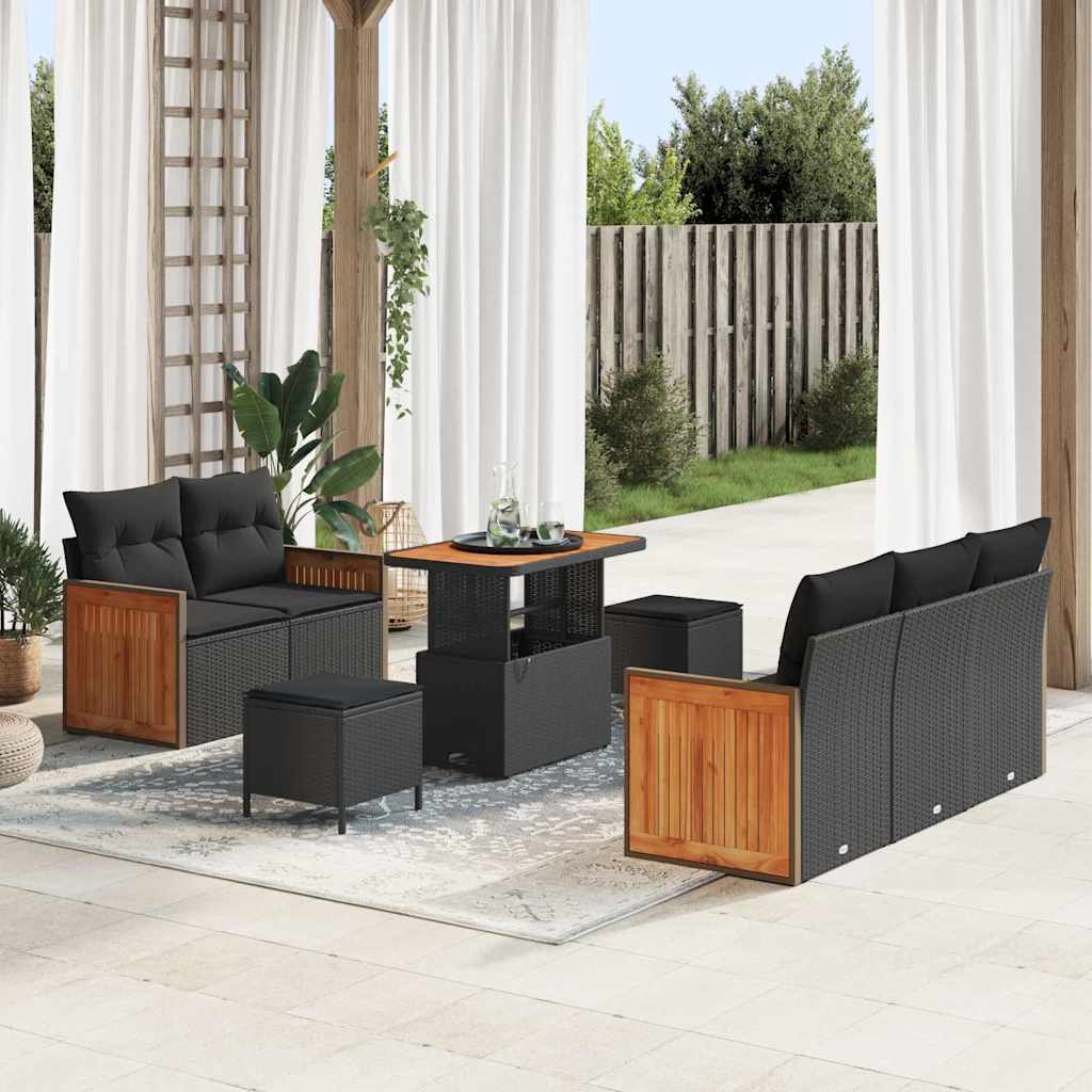 Garten-Sofa-Set mit Kissen 8 pcs Schwarz Poly Rattan