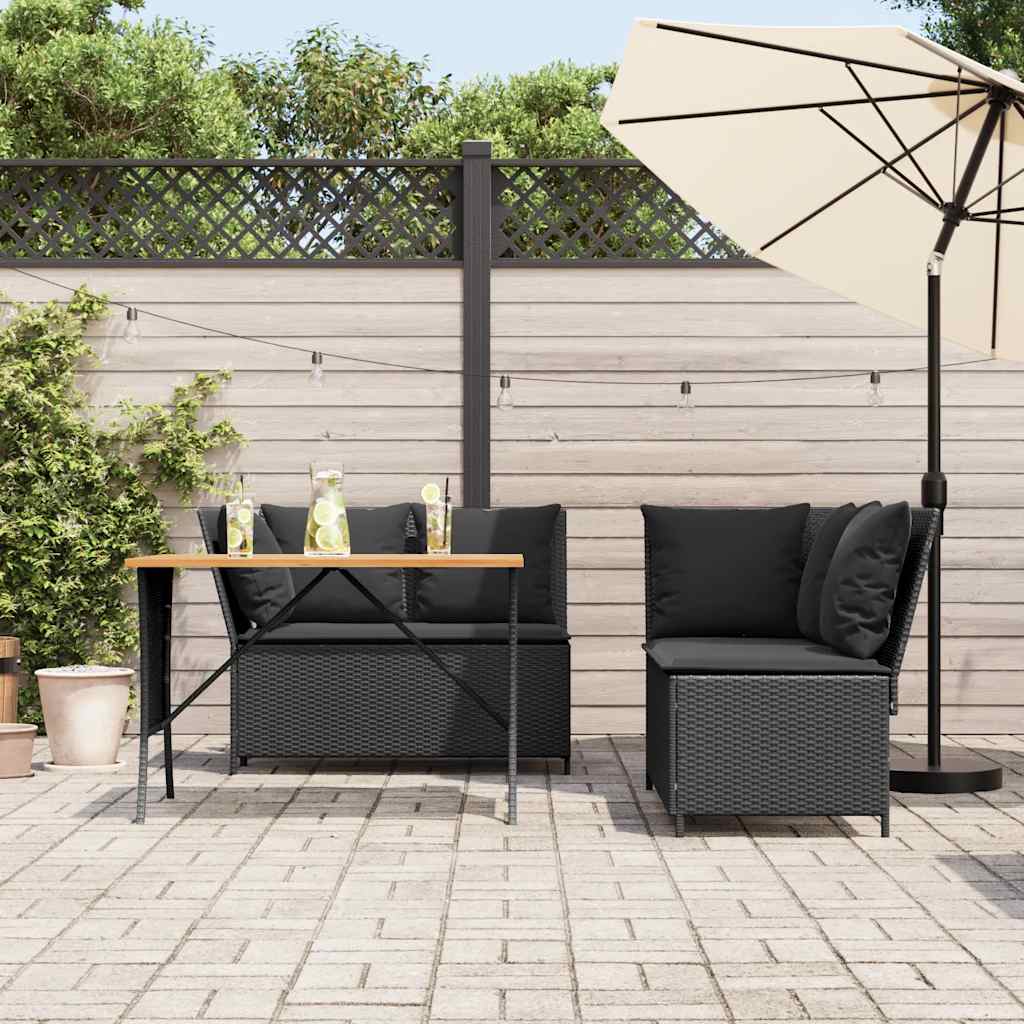 3-tlg. Garten-Sofagarnitur mit Kissen Schwarz Poly Rattan