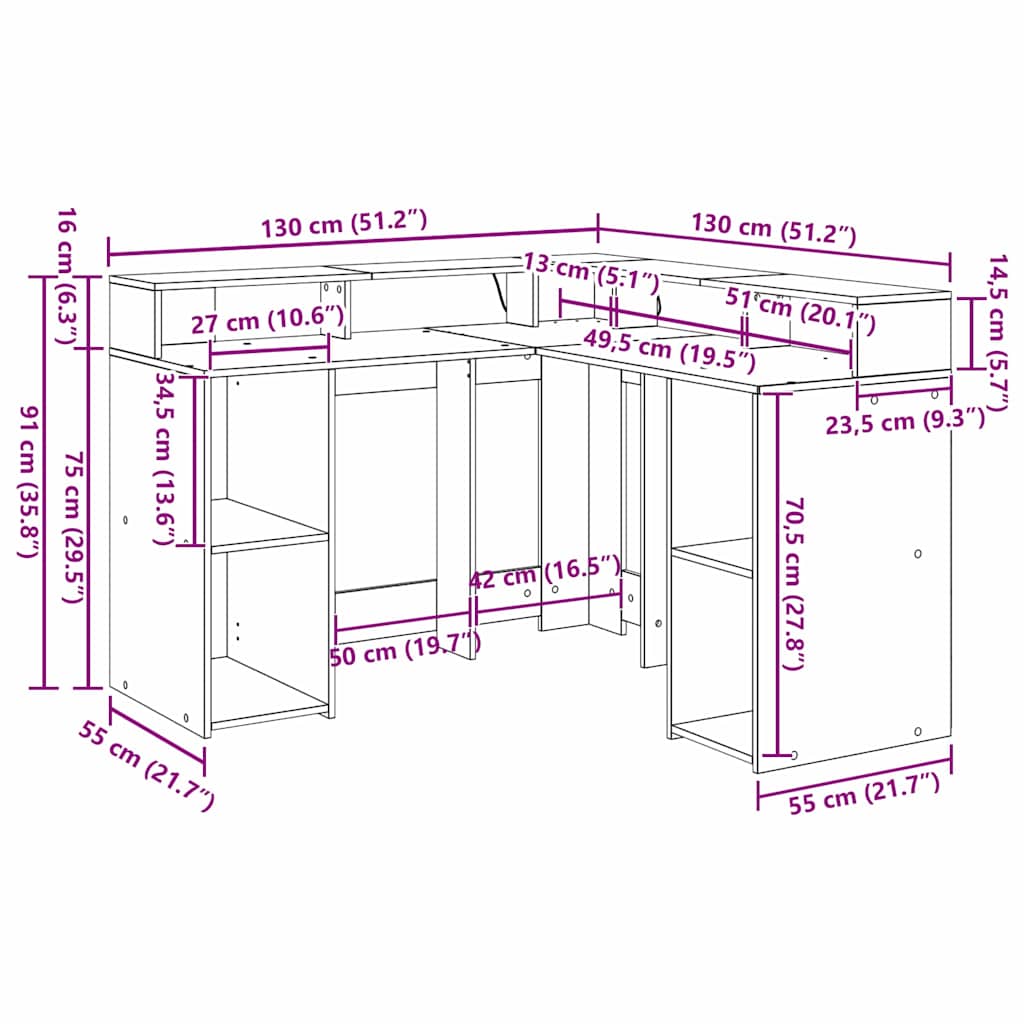 Schreibtisch Schwarze Eiche 130 x 130 x 91 cm Holzwerkstoff