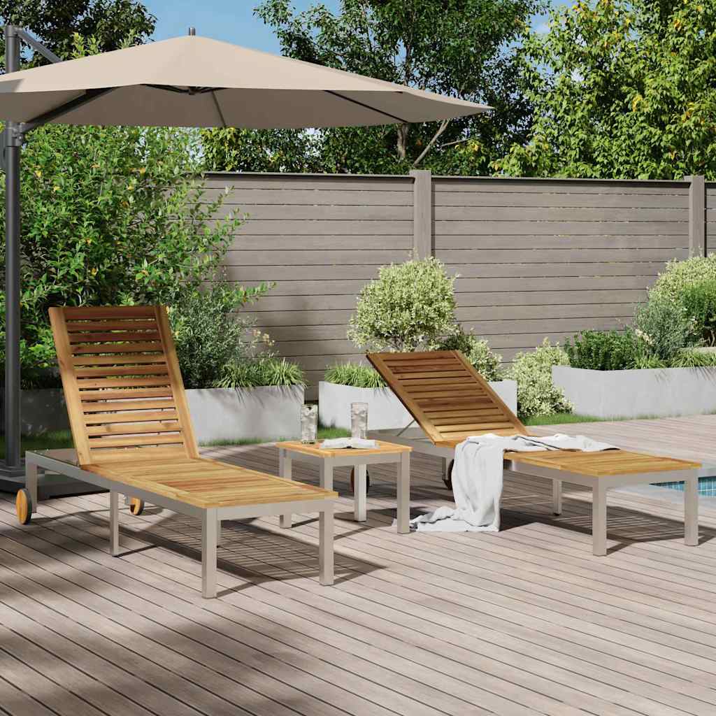Sonnenliegen 2 Stück mit Tisch 3 pcs Braun Akazie Massivholz
