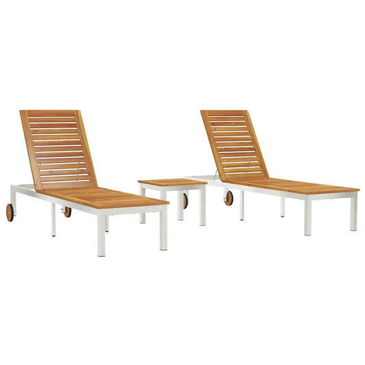 Sonnenliegen 2 Stück mit Tisch 3 pcs Braun Akazie Massivholz