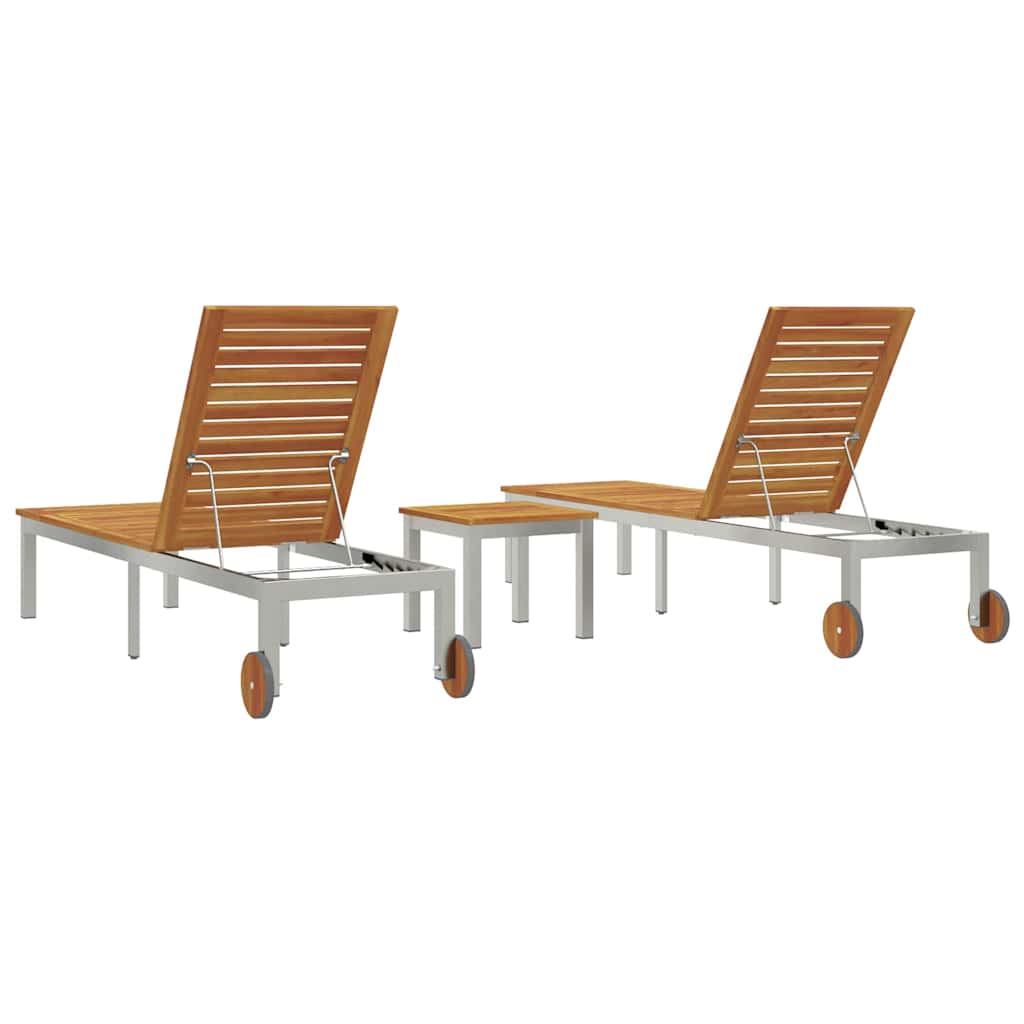 Sonnenliegen 2 Stück mit Tisch 3 pcs Braun Akazie Massivholz