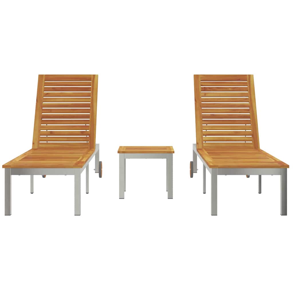 Sonnenliegen 2 Stück mit Tisch 3 pcs Braun Akazie Massivholz