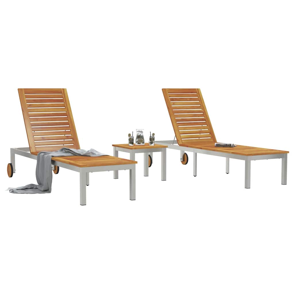 Sonnenliegen 2 Stück mit Tisch 3 pcs Braun Akazie Massivholz