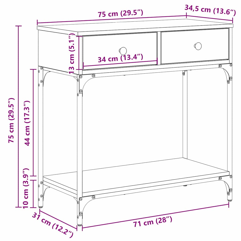 Konsolentisch mit Regal Eiche handwerklich 75 x 34.5 x 75 cm