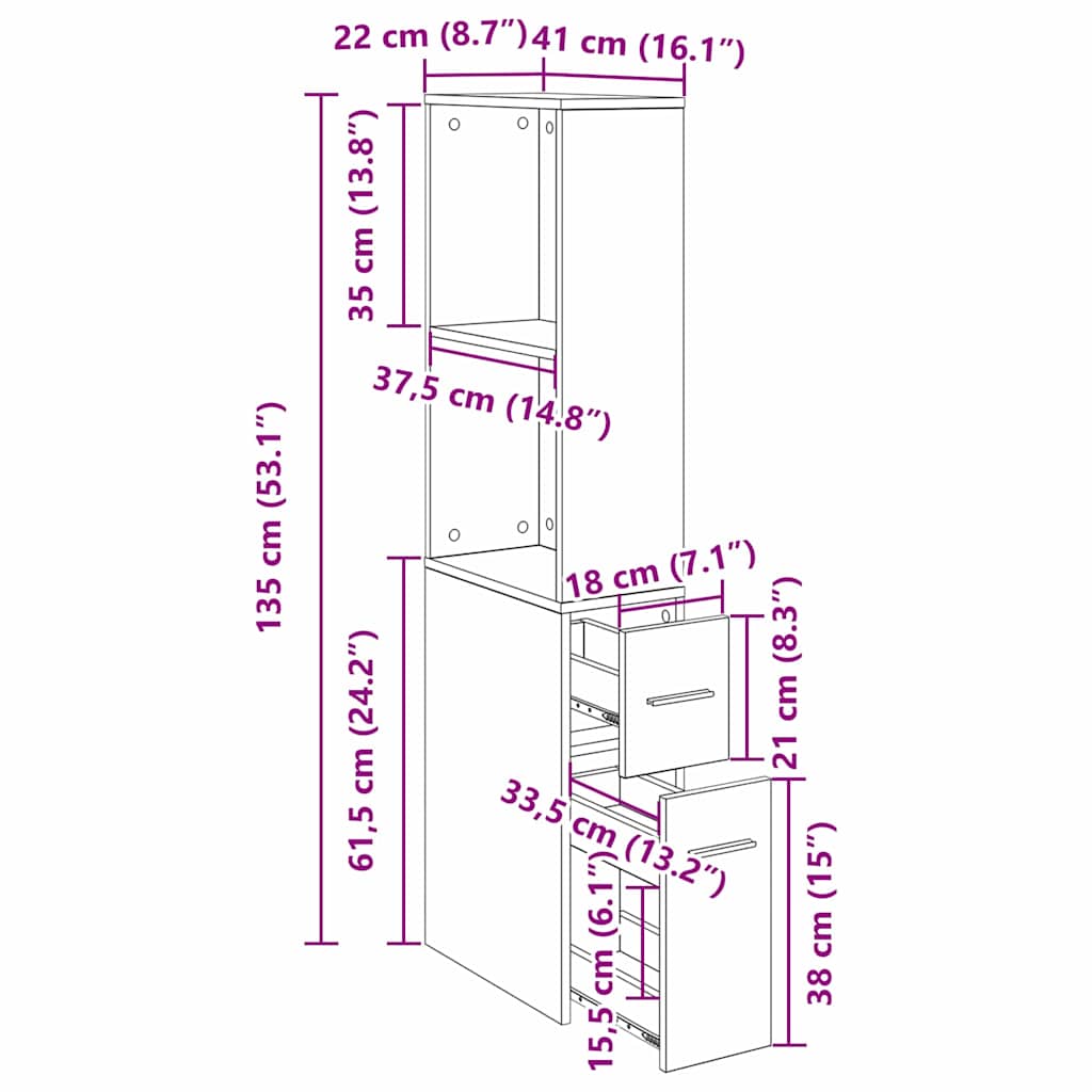 Schmaler Badezimmer-Schrank Schwarze Eiche 22 x 41 x 135 cm