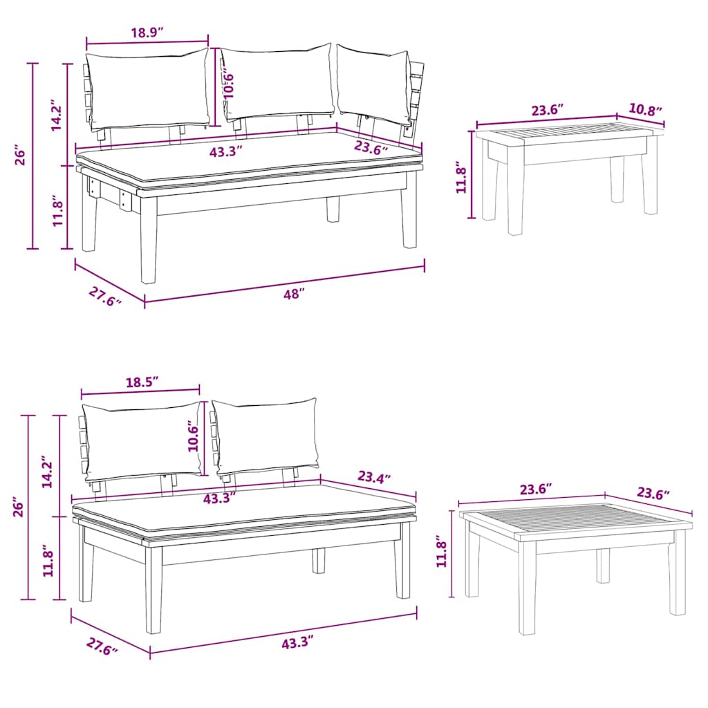 Gartenbänke Set mit Kissen mit Speicher 4 pcs Braun und Creme