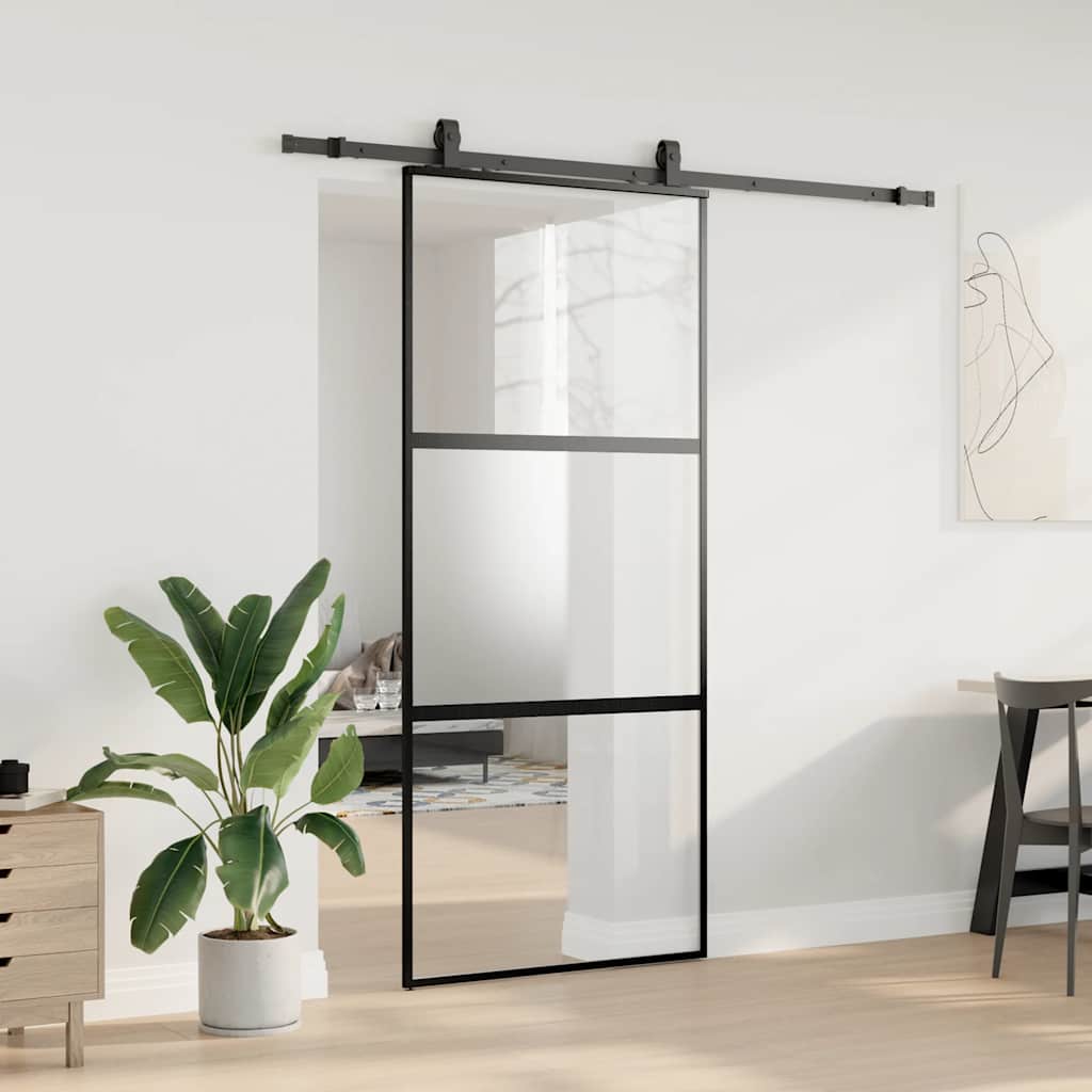 Schiebetür mit Beschlag Schwarz 90x205 cm Hartglas