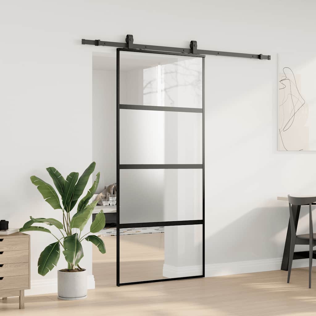 Schiebetür mit Beschlag Schwarz 90x205 cm Hartglas