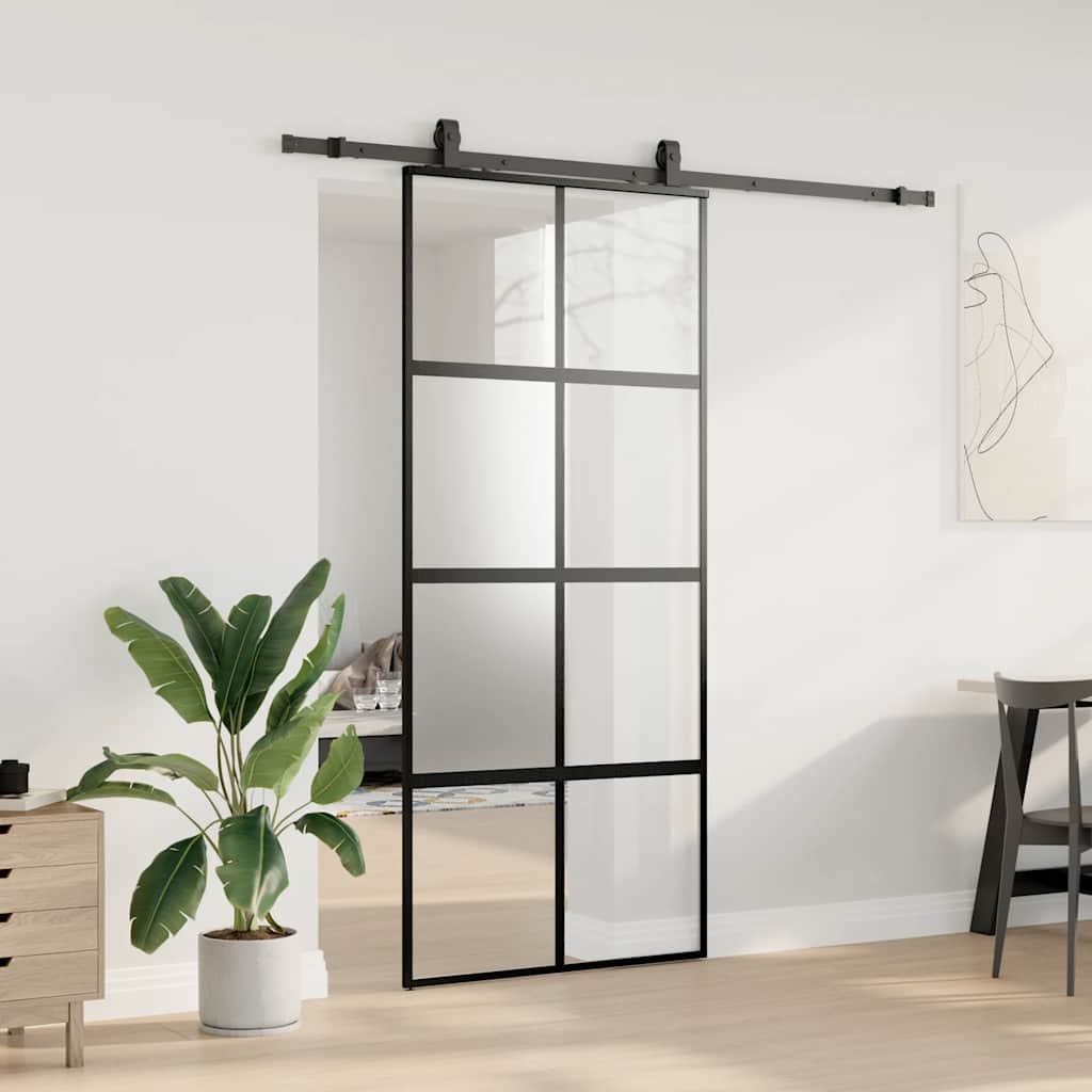 Schiebetür mit Beschlag Schwarz 90x205 cm Hartglas