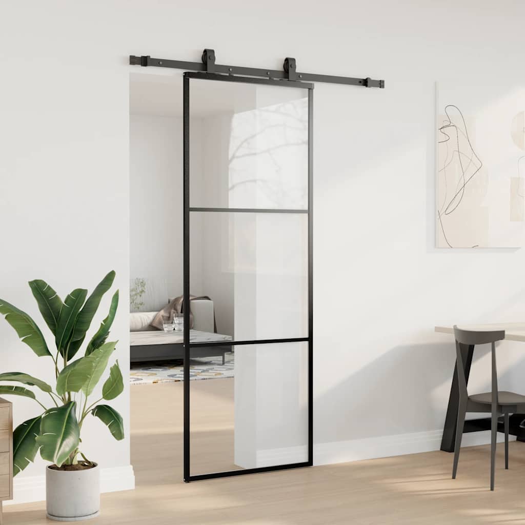 Schiebetür mit Beschlag Schwarz 76x205 cm ESG-Glas