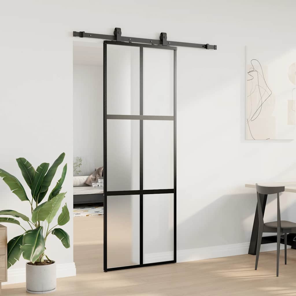 Schiebetür mit Beschlag Schwarz 76x205 cm Hartglas
