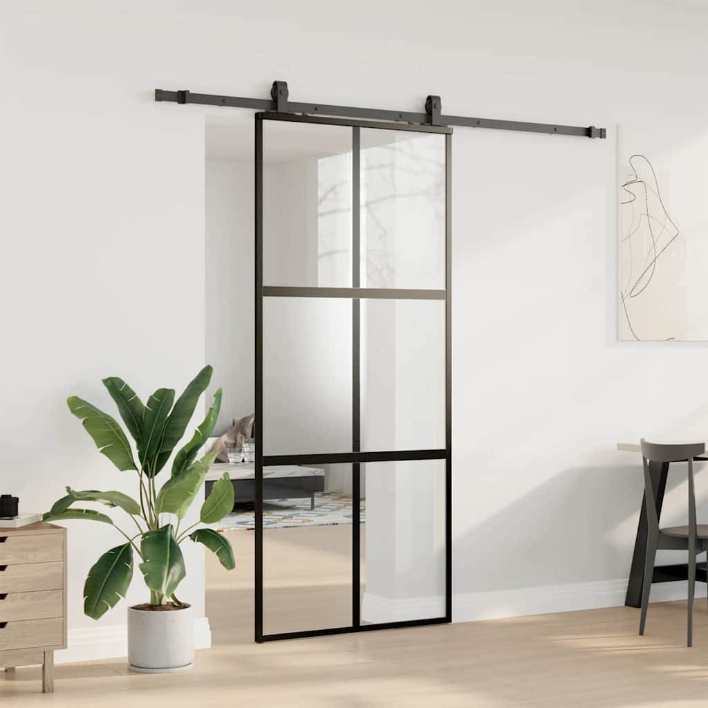 Schiebetür mit Beschlag Schwarz 90x205 cm Hartglas