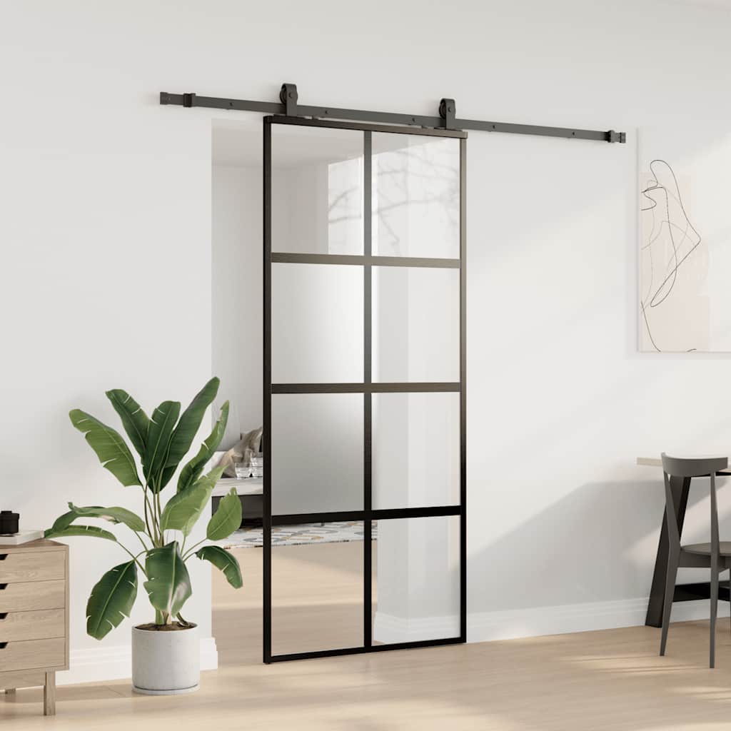 Schiebetür mit Beschlag Schwarz 90x205 cm Hartglas