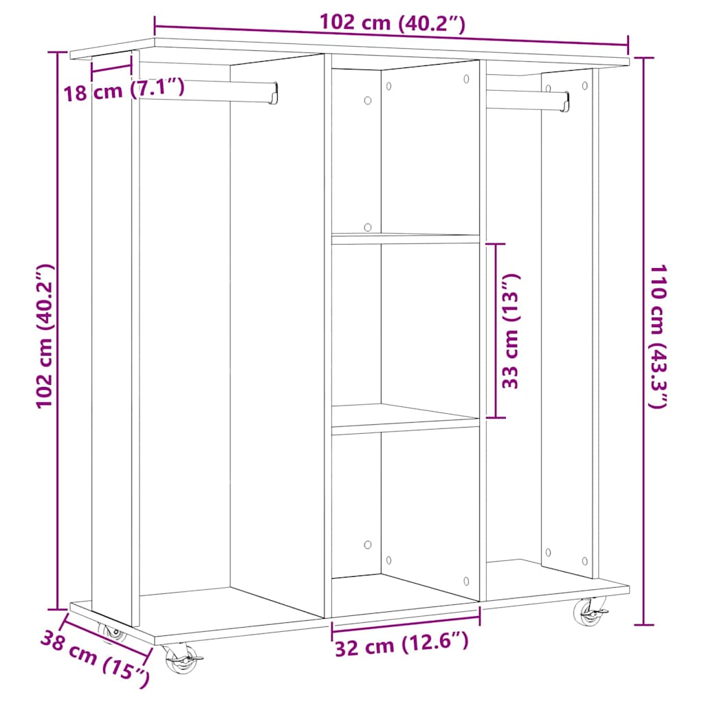 Kleiderschrank mit Rad Altholz 102 x 38 x 110 cm Holzwerkstoff