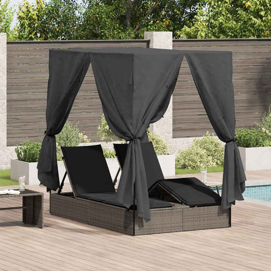 Doppelte Sonnenliege mit Dach Grau 205 x 129 x 200 cm PE Rattan