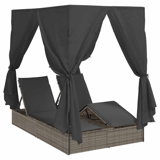 Doppelte Sonnenliege mit Dach Grau 205 x 129 x 200 cm PE Rattan