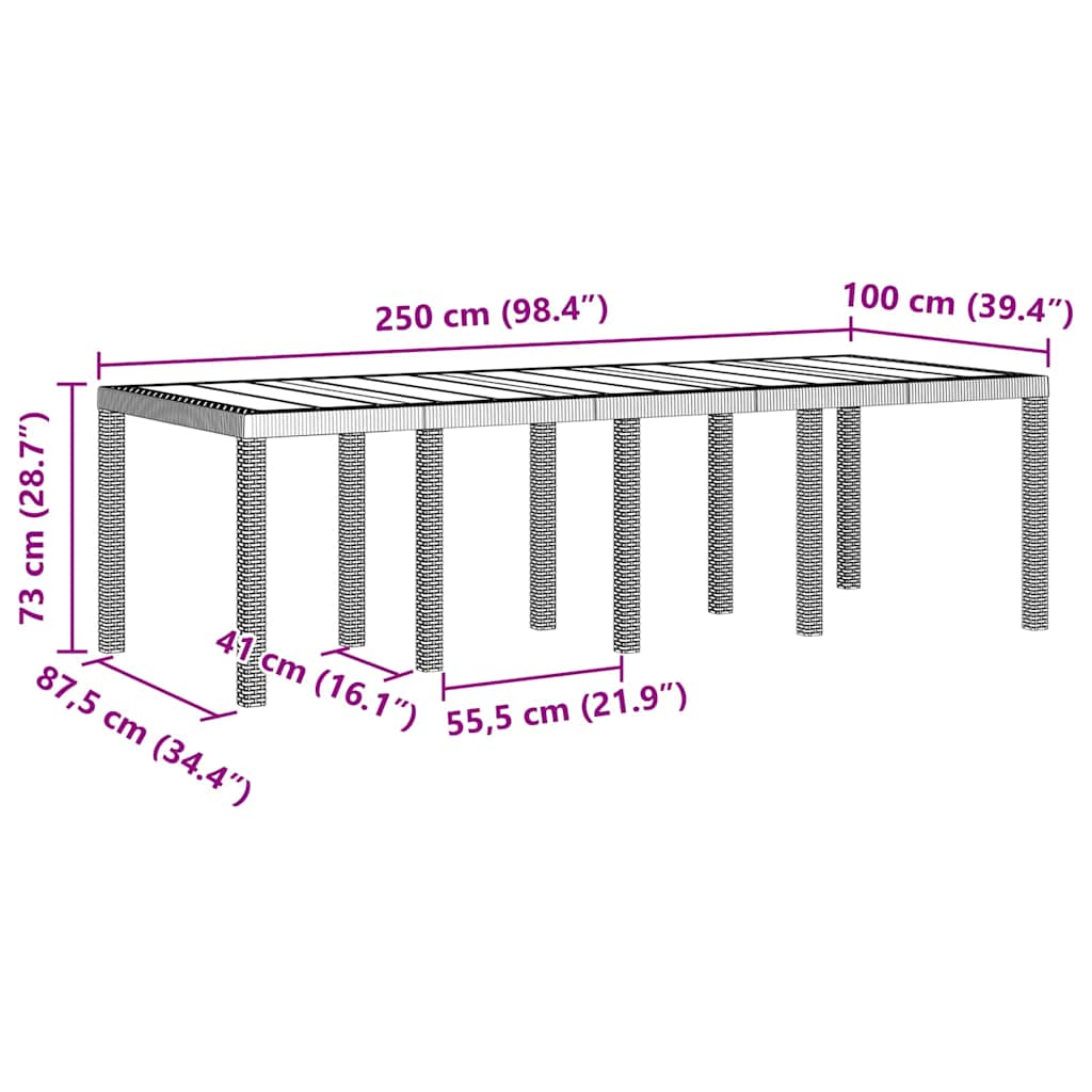 Gartentisch Hellgrau 250 x 100 x 73 cm Poly-Rattan