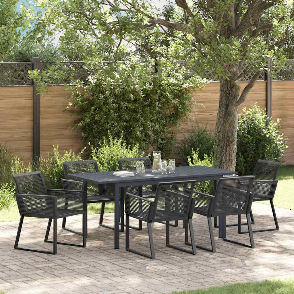 Garten Essgruppe 7 pcs Schwarz Stahl und Poly-Rattan