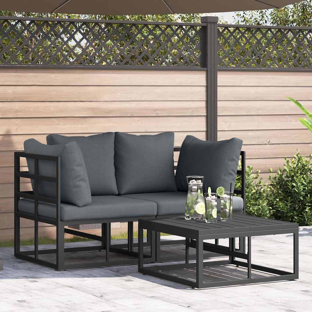 Garten-Sofa-Set mit Kissen 3 pcs Schwarz Aluminium