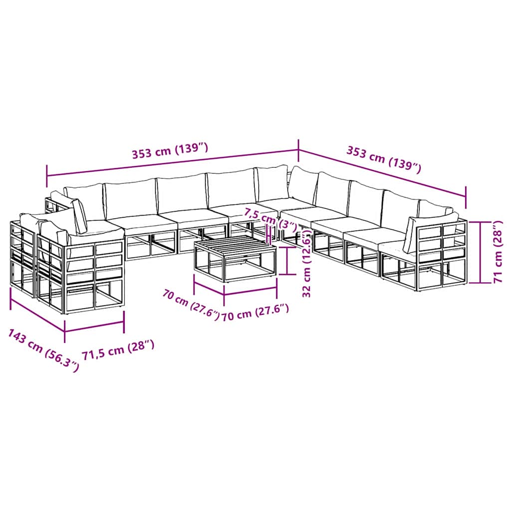 Garten-Sofa-Set mit Kissen 12 pcs Schwarz Aluminium