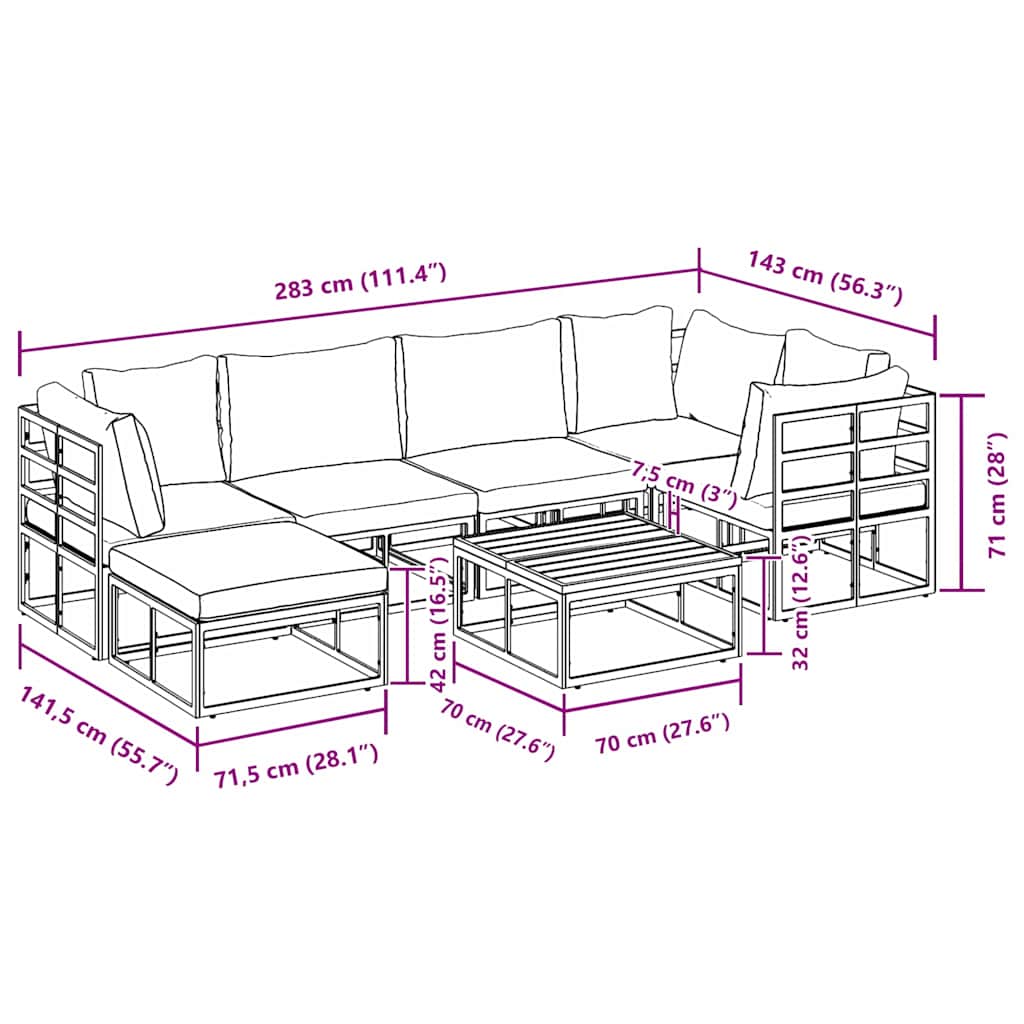 Garten-Sofa-Set mit Kissen 7 pcs Schwarz Aluminium
