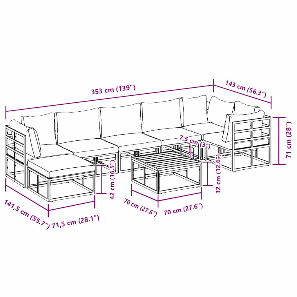 Garten-Sofa-Set mit Kissen 8 pcs Schwarz Aluminium