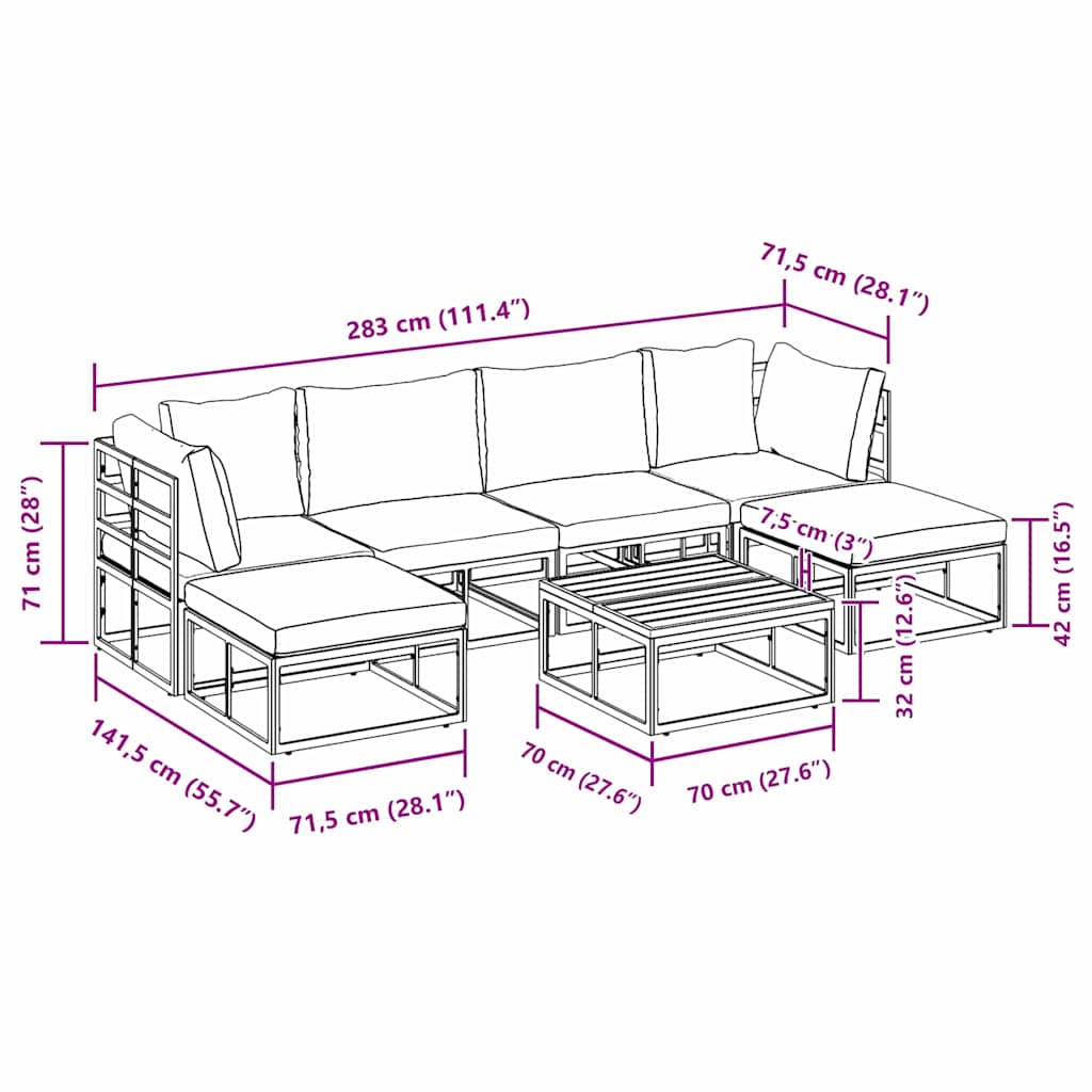 Garten-Sofa-Set mit Kissen 7 pcs Schwarz Aluminium