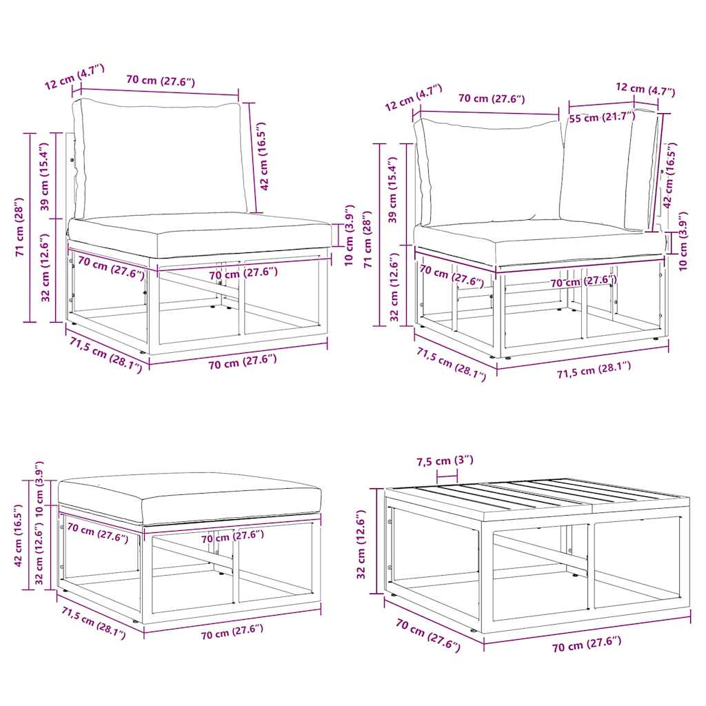 Garten-Sofa-Set mit Kissen 7 pcs Schwarz Aluminium